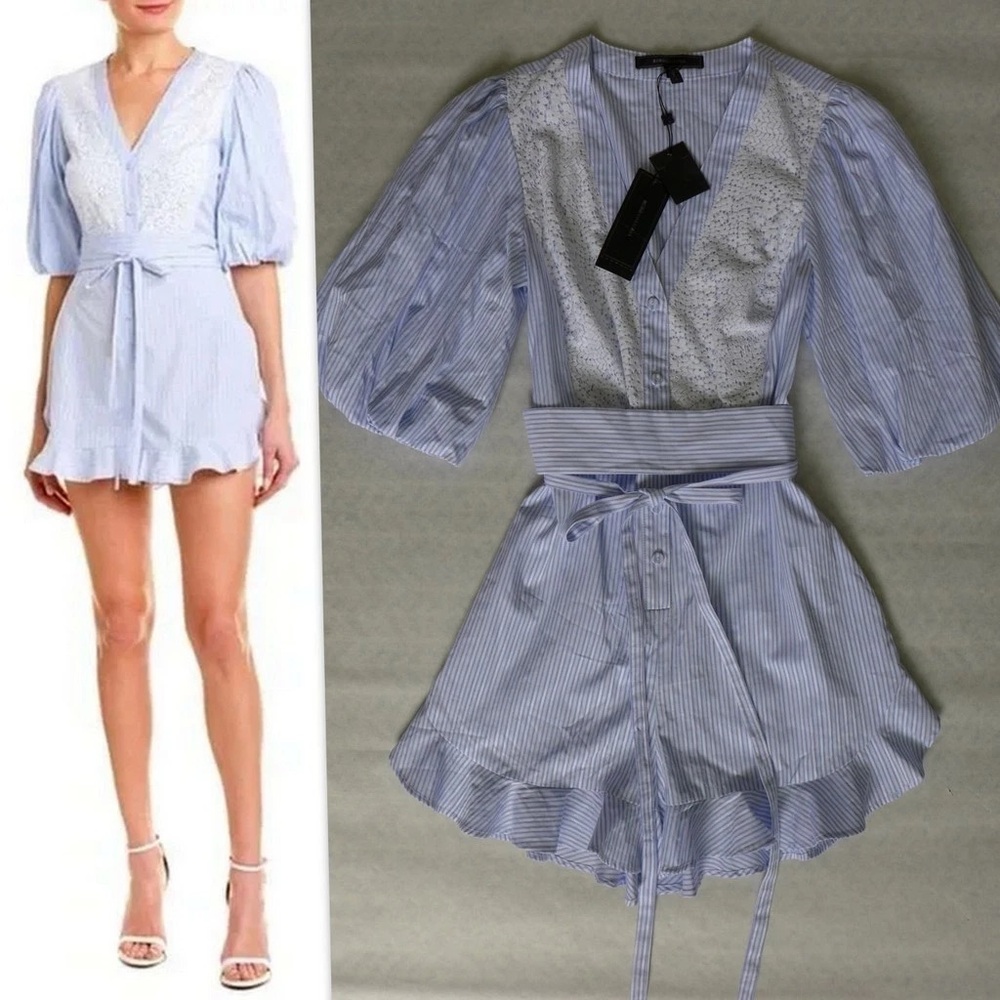 BCBGMaxAzria Light Blue Striped Lace-Trim Romper with Tie Waist